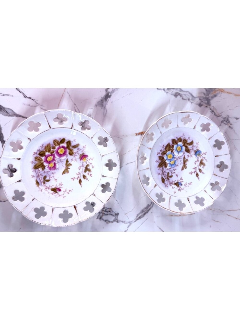 Vintage Floral Porcelain Pierced Edge Plates Pink & Blue Flower Designs Set Of 2